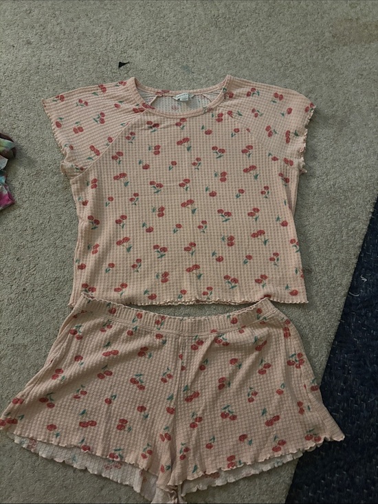 American Eagle Outfitters Other - American Eagle Outfitters Peach Cherry-Print Waffle Pajama Set